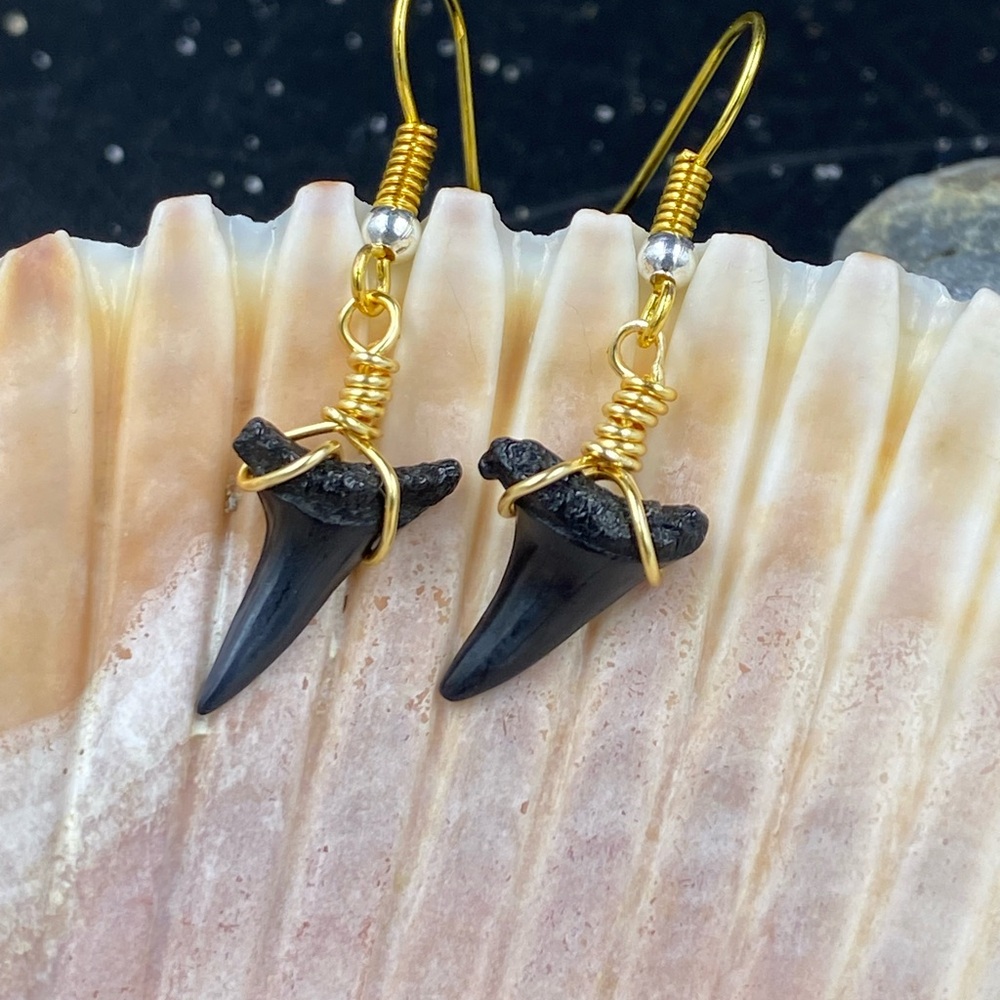 Gold and Black Shark Tooth Dangle Earrings
